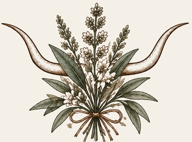 Longhorns with a bouquet of sage leaves and wildflowers